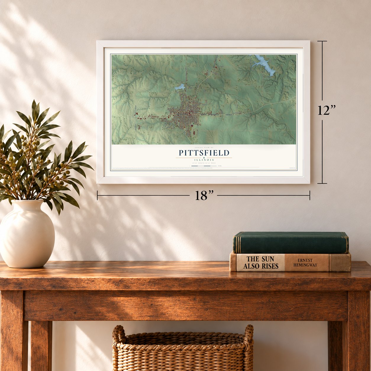 Pittsfield, Illinois map, 12 x 18 inch print in a white frame in an entryway