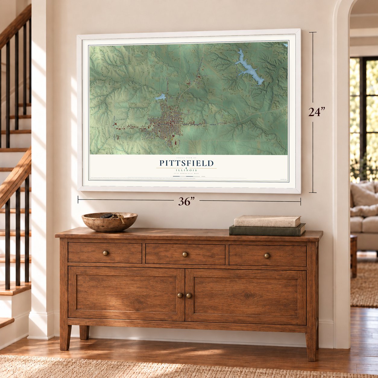 Pittsfield, Illinois map, 24 x 36 inch print in a white frame above a dresser by a staircase