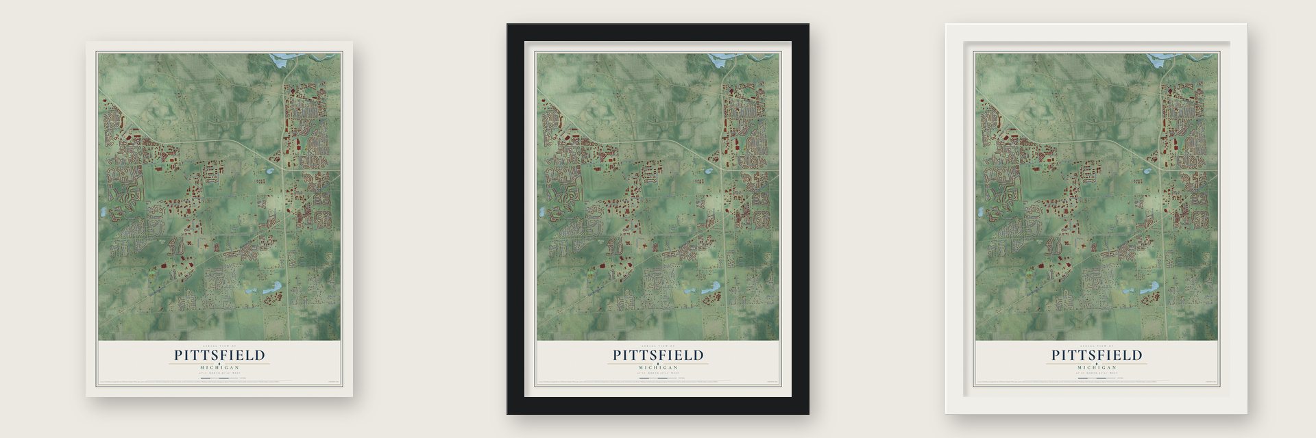 Pittsfield, Michigan map unframed, in a black wood frame and in a white wood frame