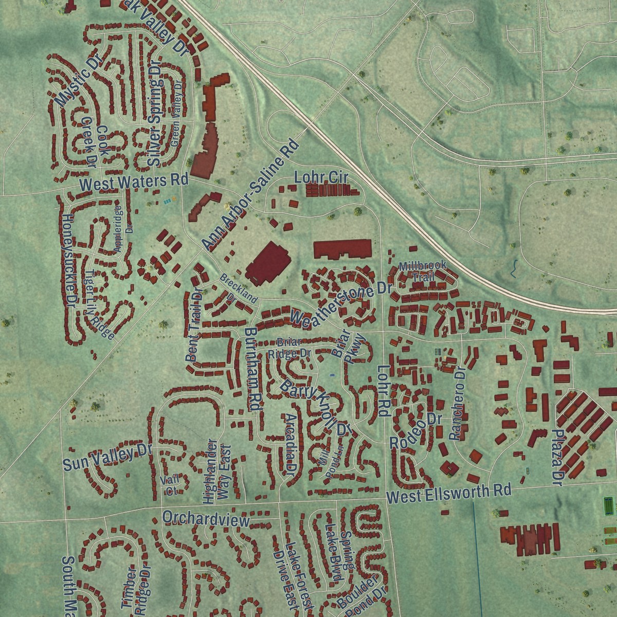 Second close-up of the map of Pittsfield, Michigan print showing more streets and buildings