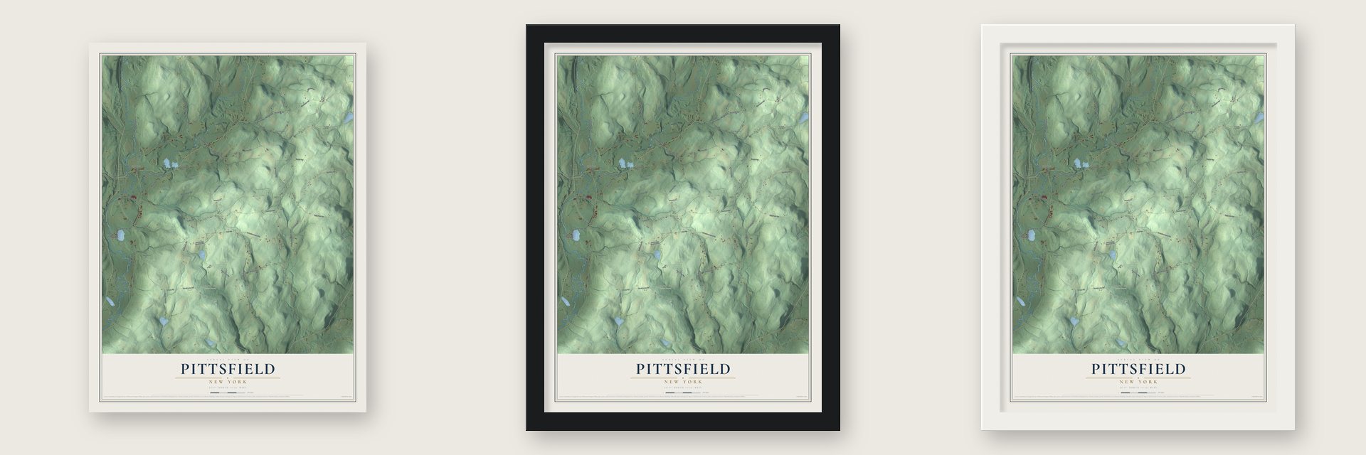 Pittsfield, New York map unframed, in a black wood frame and in a white wood frame