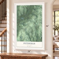 Pittsfield, New York map, 24 x 36 inch print in a white frame by a staircase