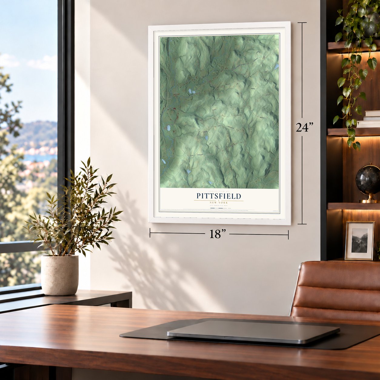 Pittsfield, New York map, 18 x 24 inch print in a white frame in a home office