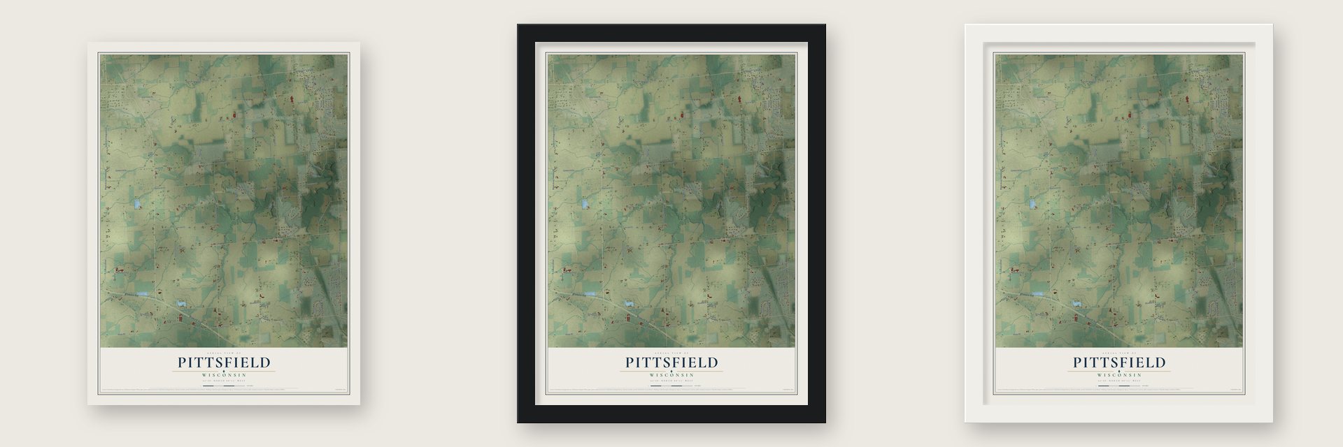 Pittsfield, Wisconsin map unframed, in a black wood frame and in a white wood frame