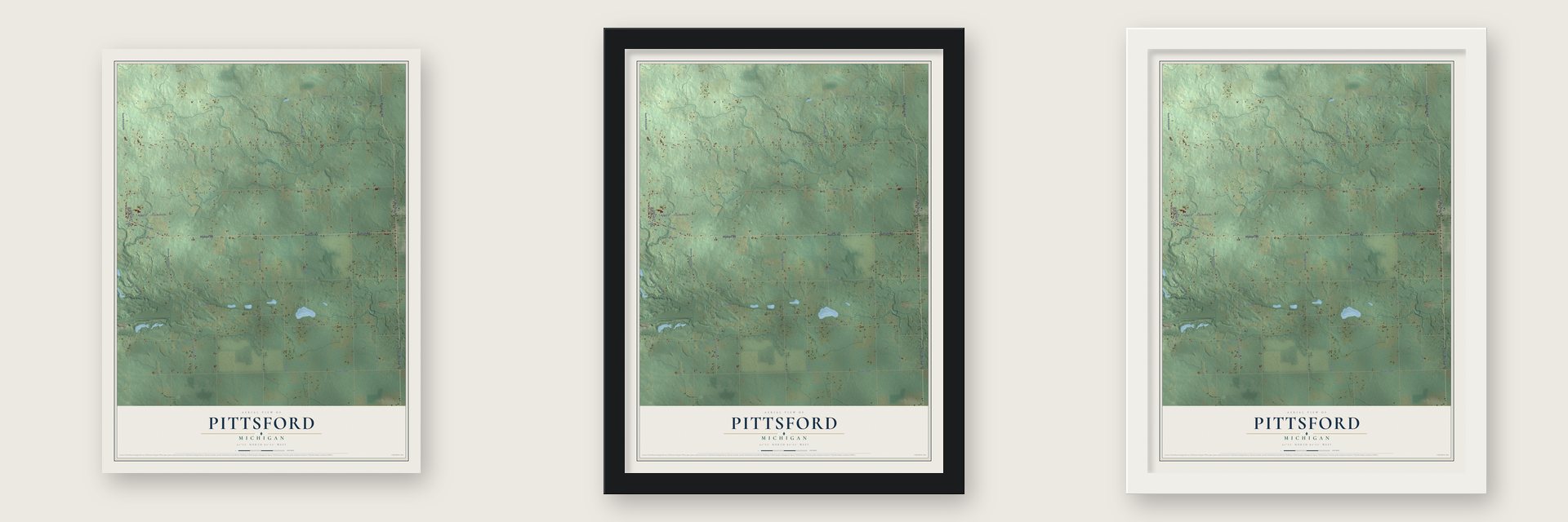 Pittsford, Michigan map unframed, in a black wood frame and in a white wood frame
