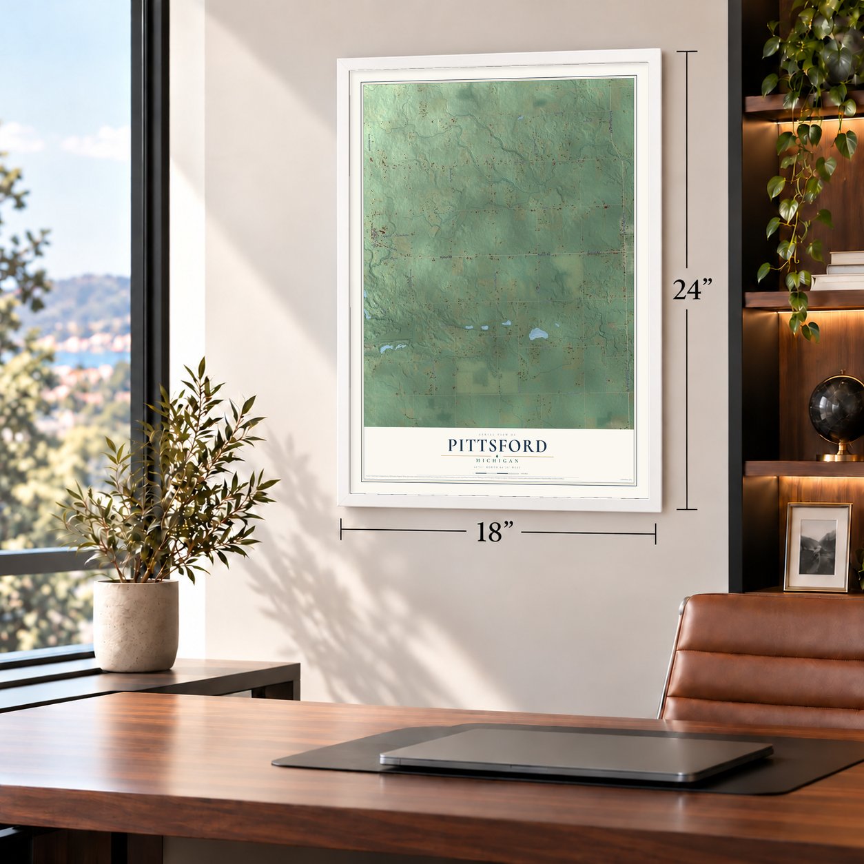 Pittsford, Michigan map, 18 x 24 inch print in a white frame in a home office