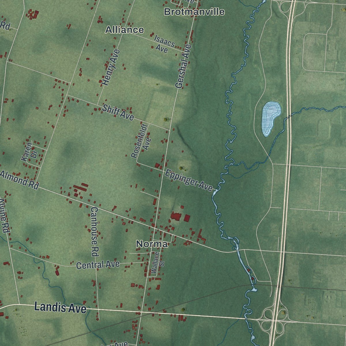 Second close-up of the map of Pittsgrove, New Jersey print showing more streets and buildings