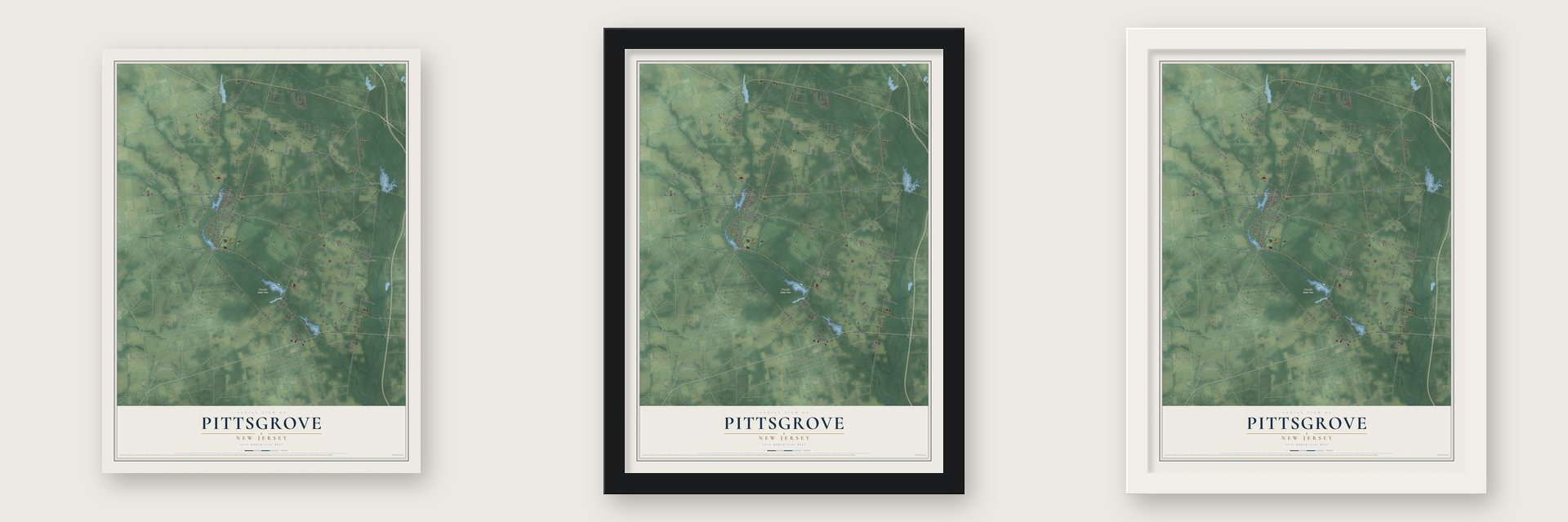 Pittsgrove, New Jersey map unframed, in a black wood frame and in a white wood frame