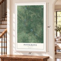 Pittsgrove, New Jersey map, 24 x 36 inch print in a white frame by a staircase