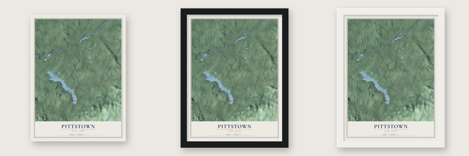 Pittstown, New York map unframed, in a black wood frame and in a white wood frame