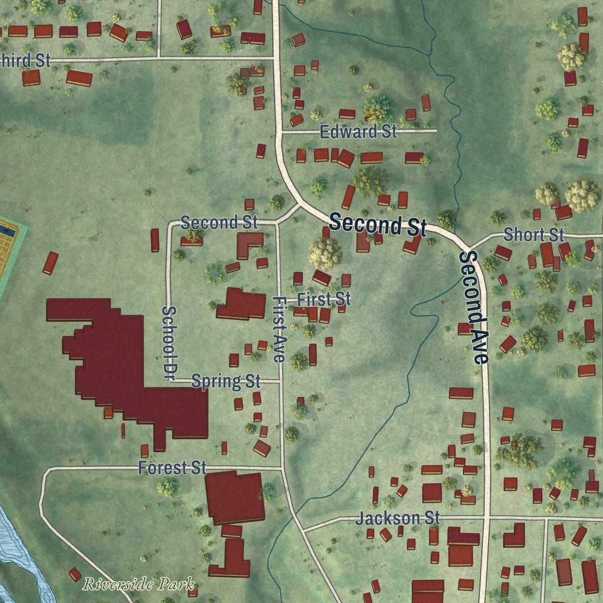 Second close-up of the map of Pittsville, Wisconsin print showing more streets and buildings