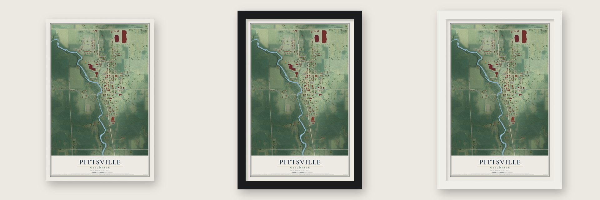 Pittsville, Wisconsin map unframed, in a black wood frame and in a white wood frame