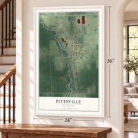 Pittsville, Wisconsin map, 24 x 36 inch print in a white frame by a staircase