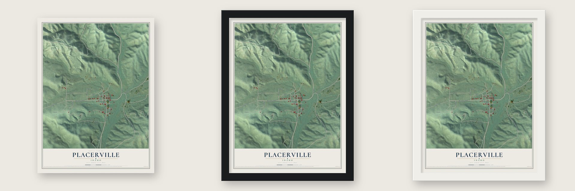 Placerville, Idaho map unframed, in a black wood frame and in a white wood frame