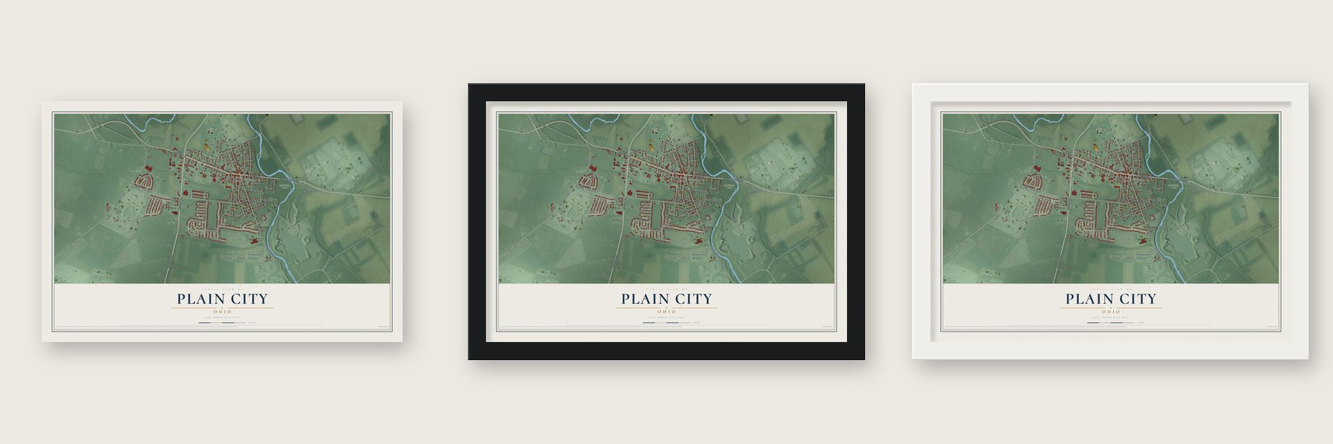 Plain City, Ohio map unframed, in a black wood frame and in a white wood frame