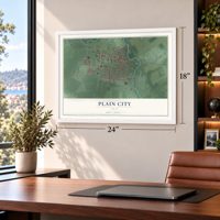 Plain City, Ohio map, 18 x 24 inch print in a white frame in a home office