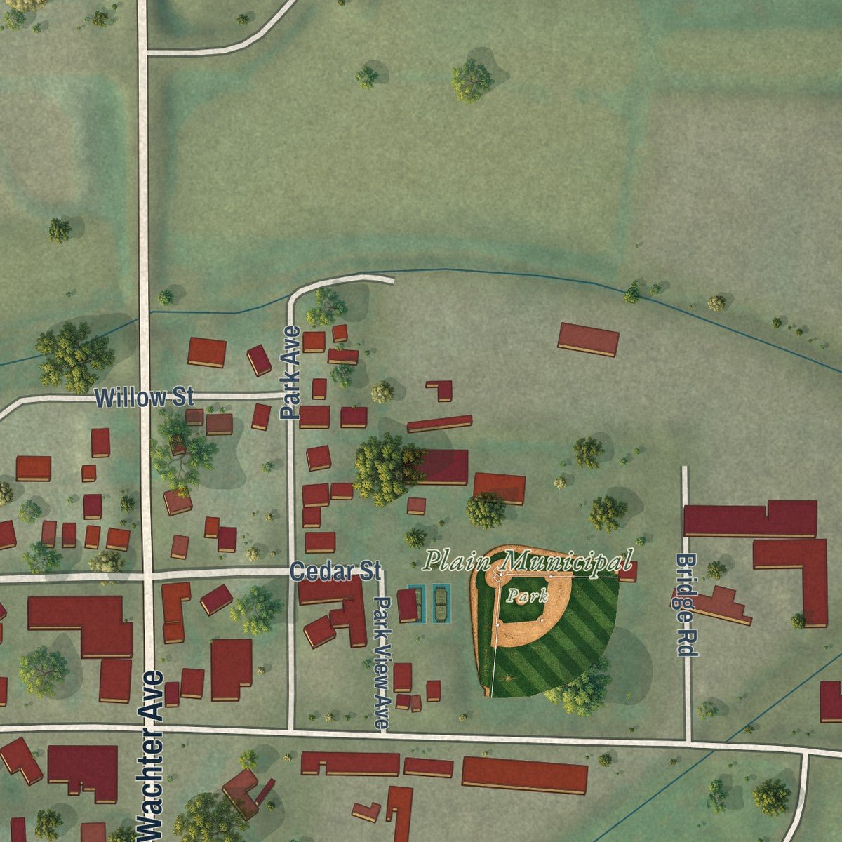 Second close-up of the map of Plain, Wisconsin print showing more streets and buildings