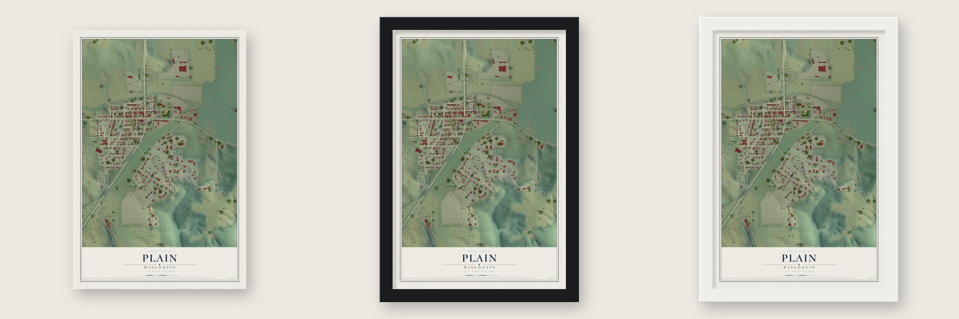 Plain, Wisconsin map unframed, in a black wood frame and in a white wood frame