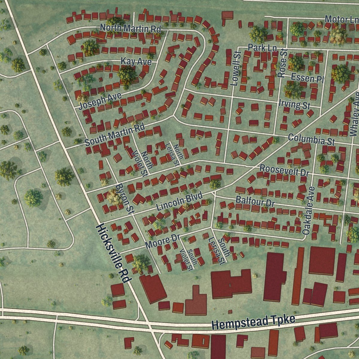 Second close-up of the map of Plainedge, New York print showing more streets and buildings