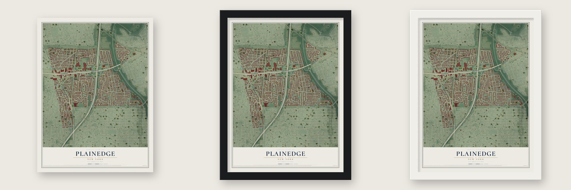 Plainedge, New York map unframed, in a black wood frame and in a white wood frame