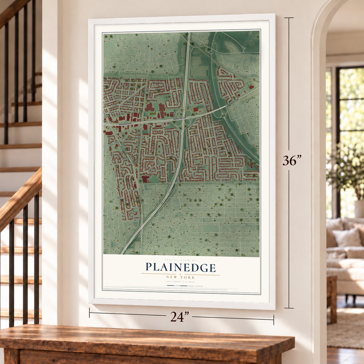 Plainedge, New York map, 24 x 36 inch print in a white frame by a staircase