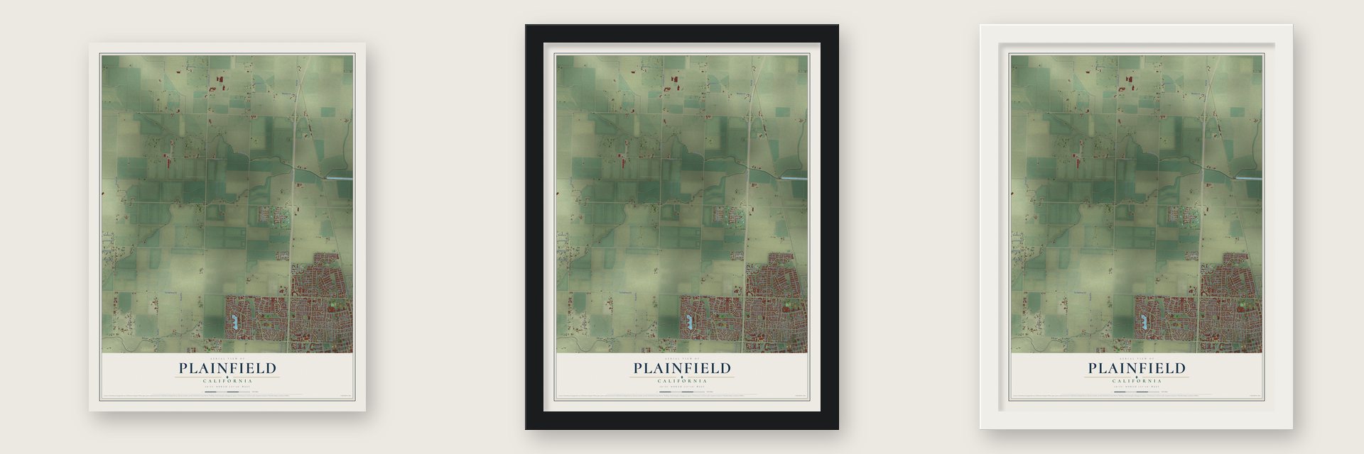 Plainfield, California map unframed, in a black wood frame and in a white wood frame