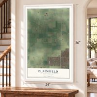 Plainfield, California map, 24 x 36 inch print in a white frame by a staircase