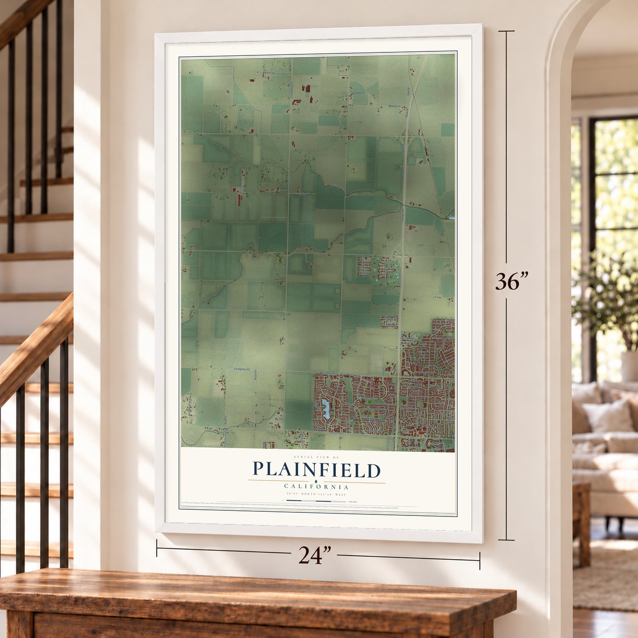 Plainfield, California map, 24 x 36 inch print in a white frame by a staircase