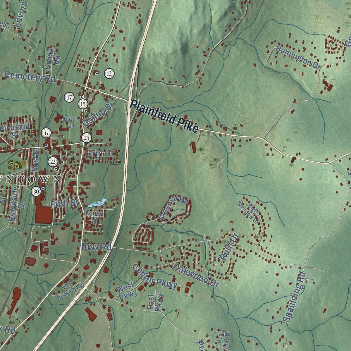 Second close-up of the map of Plainfield, Connecticut print showing more streets and buildings