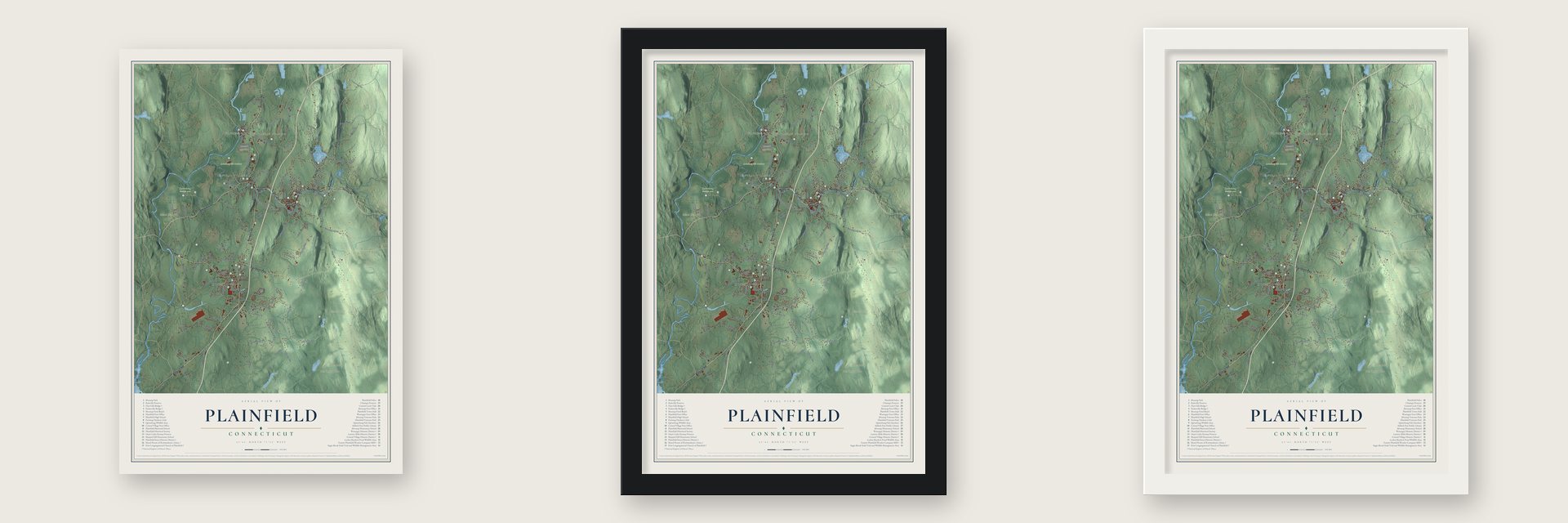 Plainfield, Connecticut map unframed, in a black wood frame and in a white wood frame