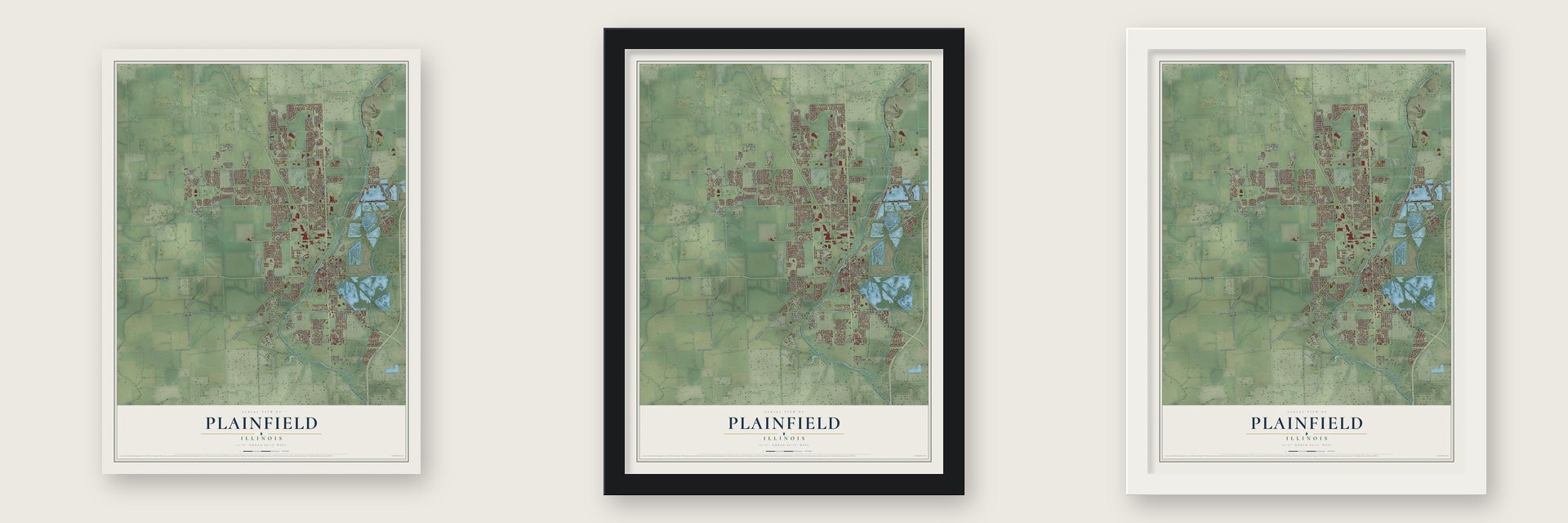 Plainfield, Illinois map unframed, in a black wood frame and in a white wood frame