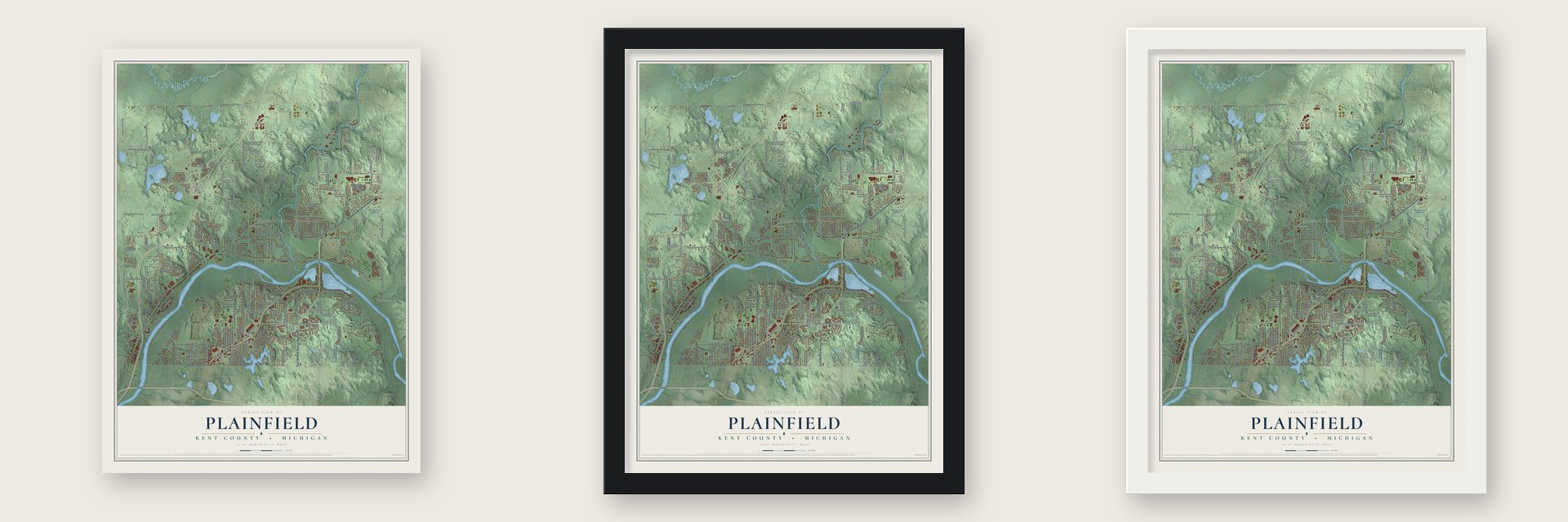 Plainfield, Kent County, Michigan map unframed, in a black wood frame and in a white wood frame