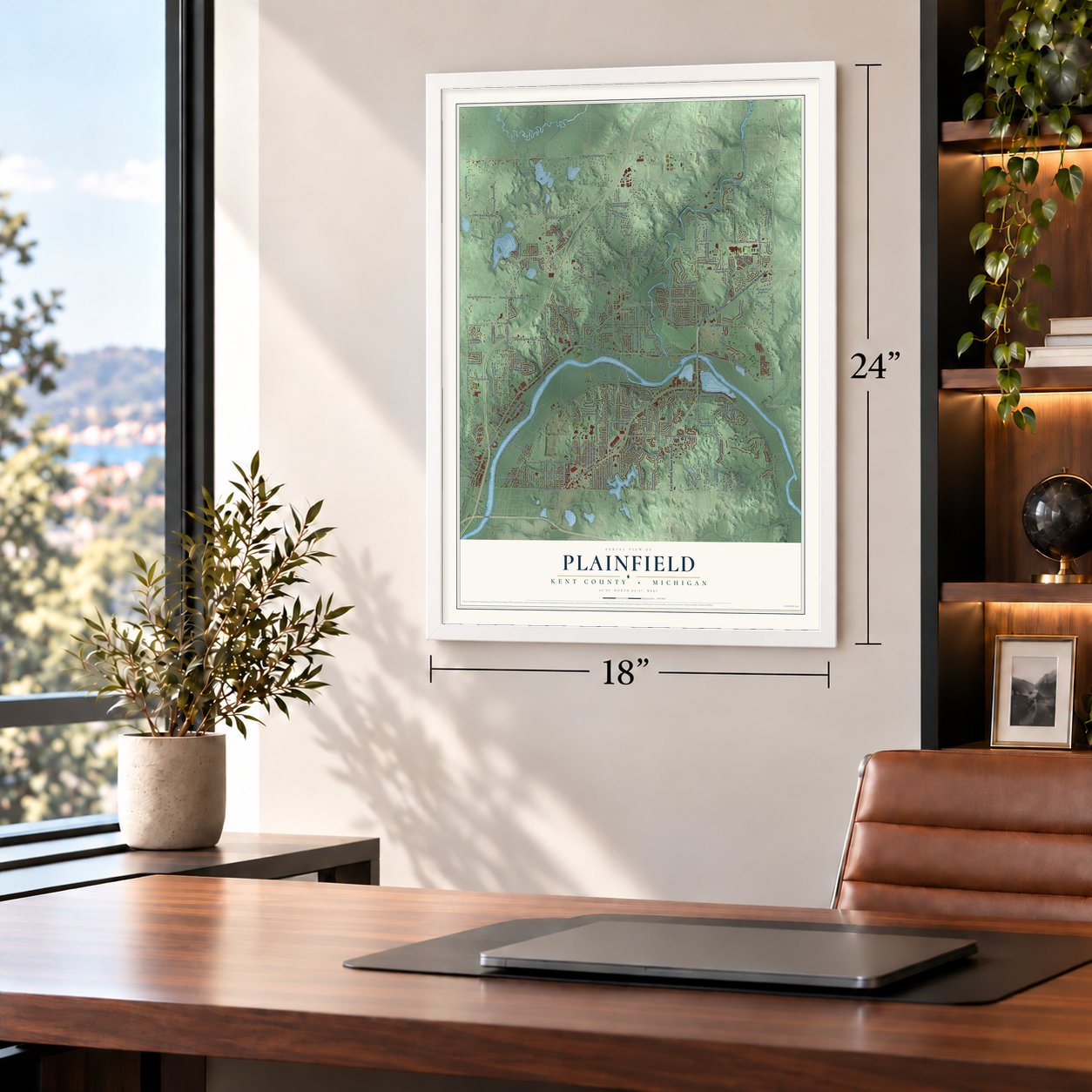 Plainfield, Kent County, Michigan map, 18 x 24 inch print in a white frame in a home office