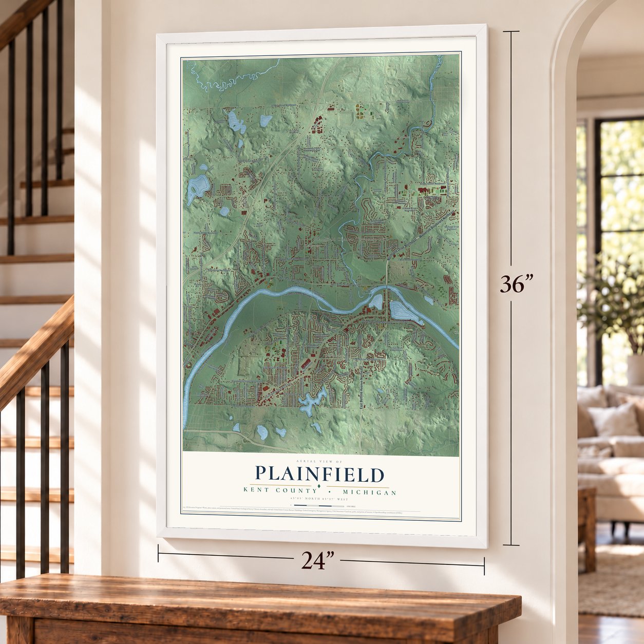 Plainfield, Kent County, Michigan map, 24 x 36 inch print in a white frame by a staircase
