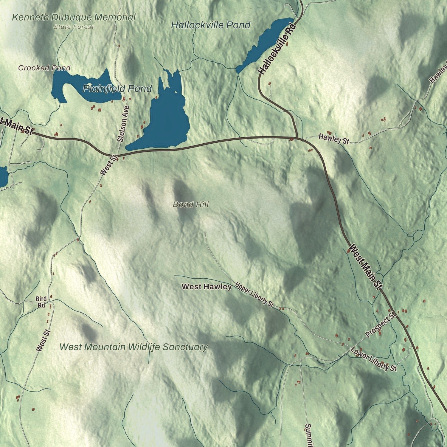 Close-up of the map of Plainfield, Massachusetts print showing terrain and local geography