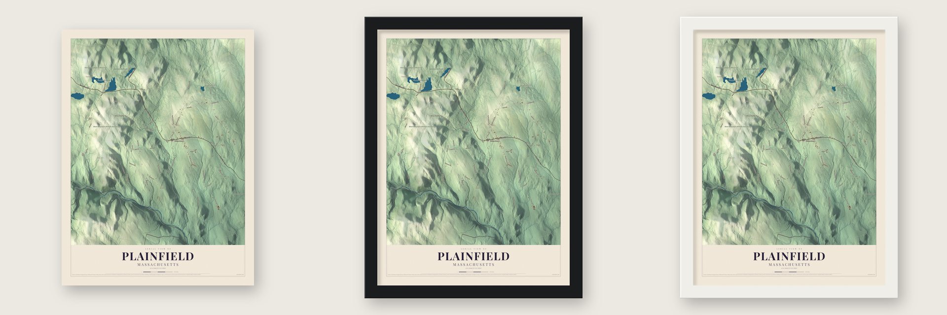 Plainfield, Massachusetts map unframed, in a black wood frame and in a white wood frame