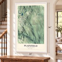 Plainfield, Massachusetts map, 24 x 36 inch print in a white frame by a staircase