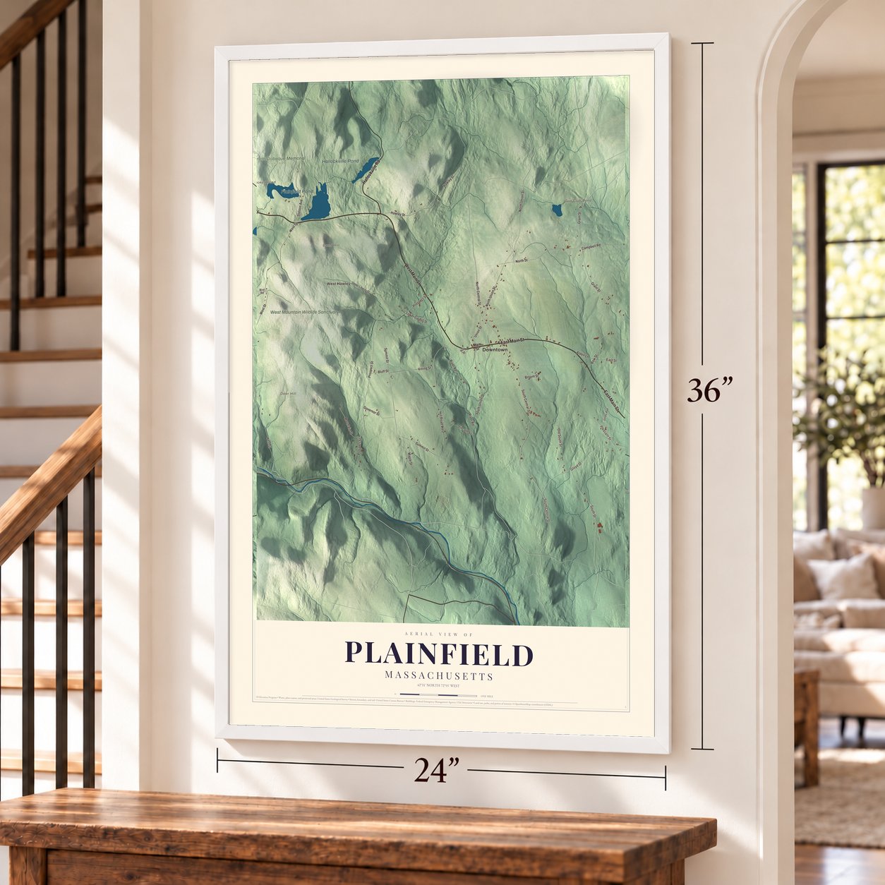 Plainfield, Massachusetts map, 24 x 36 inch print in a white frame by a staircase