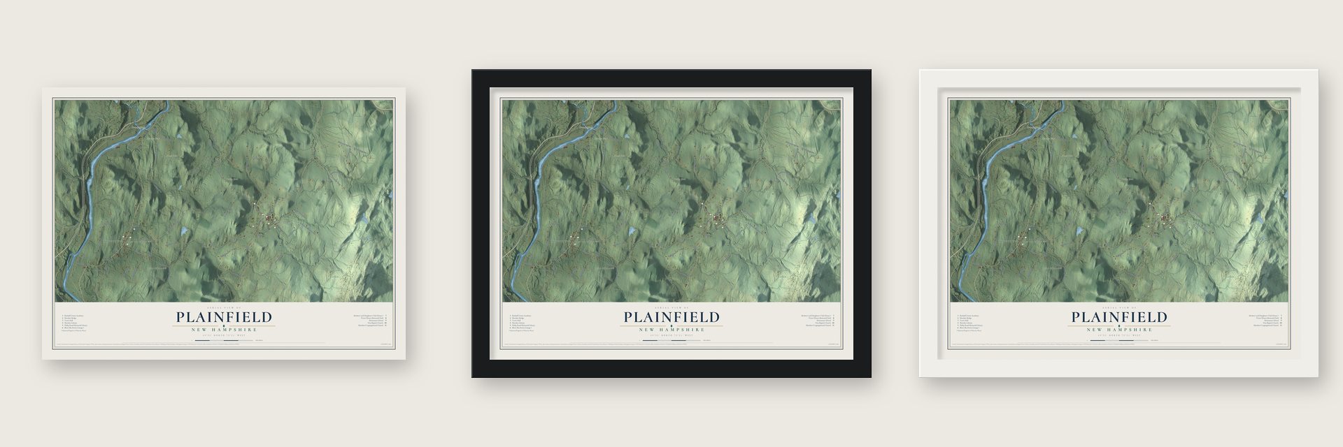Plainfield, New Hampshire map unframed, in a black wood frame and in a white wood frame