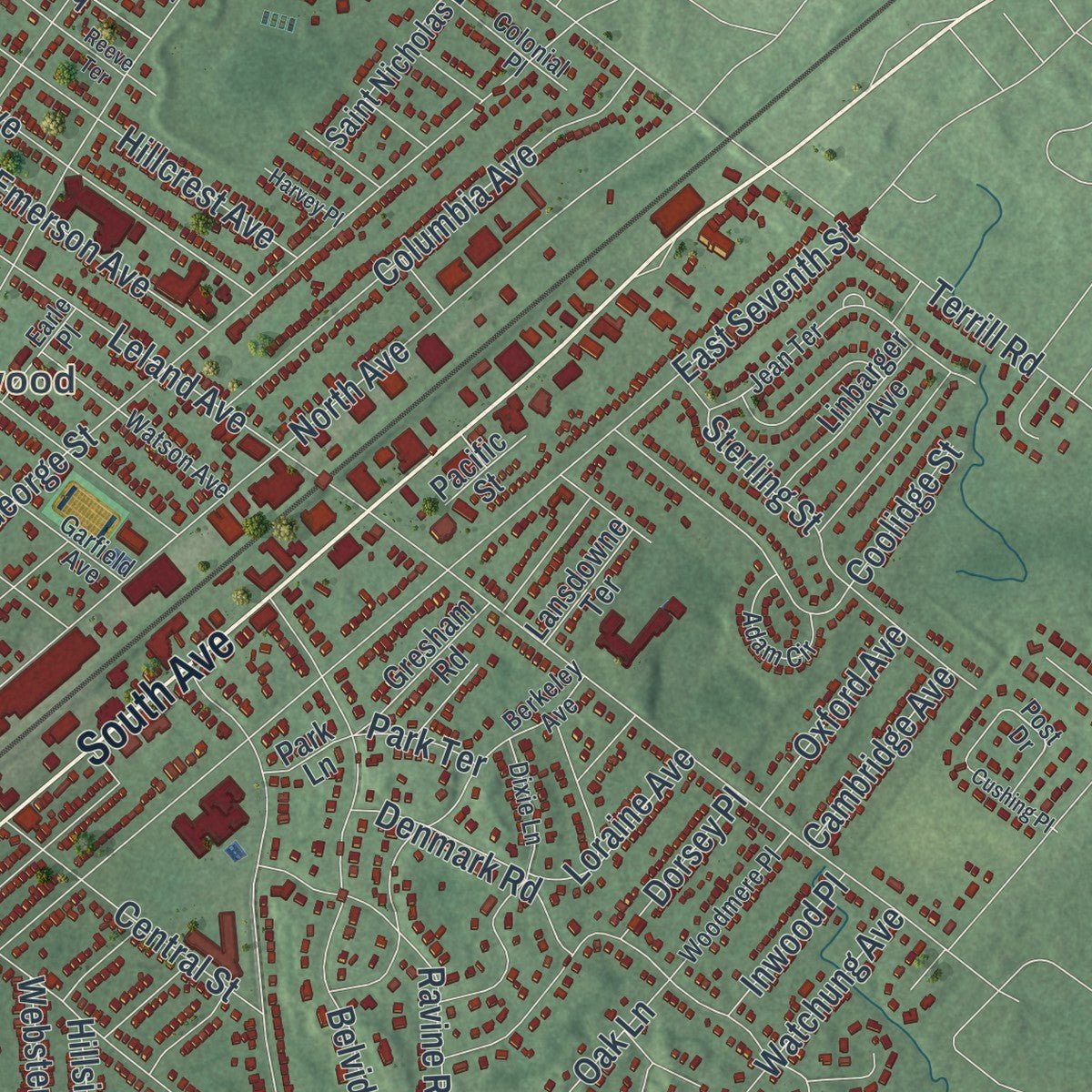 Second close-up of the map of Plainfield, New Jersey print showing more streets and buildings