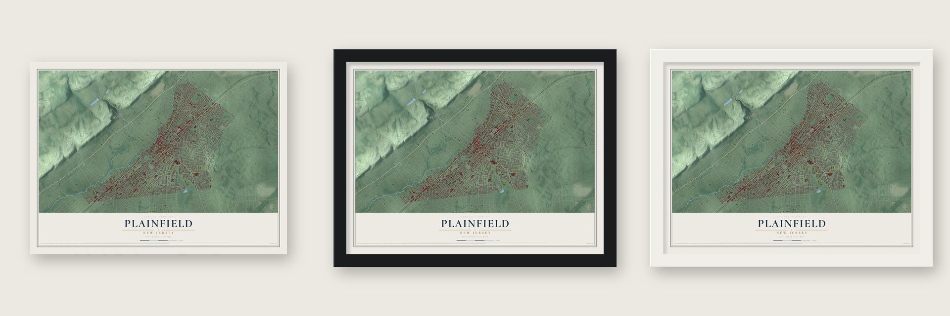 Plainfield, New Jersey map unframed, in a black wood frame and in a white wood frame