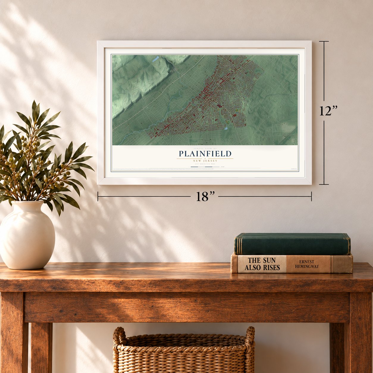 Plainfield, New Jersey map, 12 x 18 inch print in a white frame in an entryway
