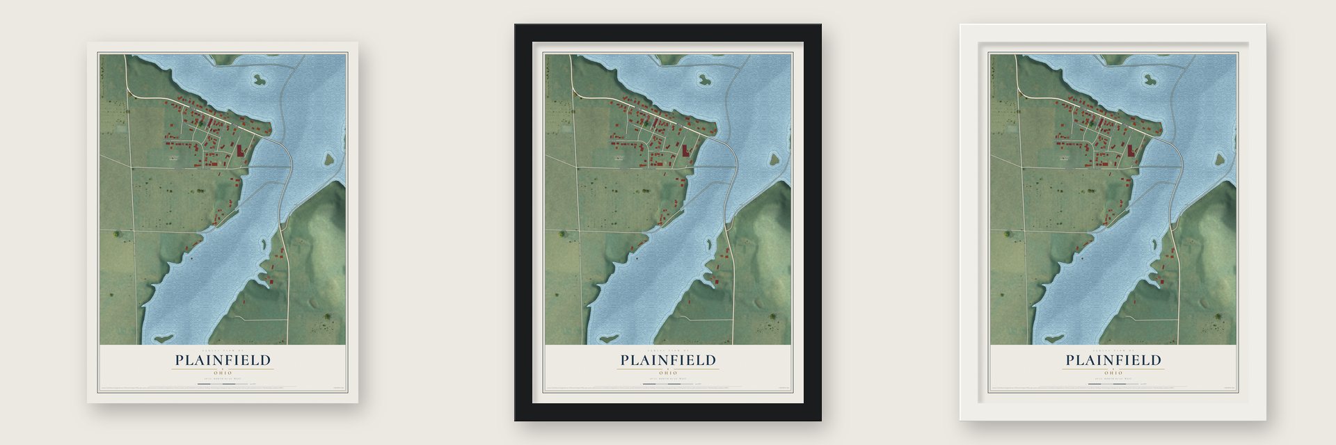 Plainfield, Ohio map unframed, in a black wood frame and in a white wood frame