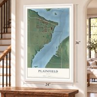Plainfield, Ohio map, 24 x 36 inch print in a white frame by a staircase