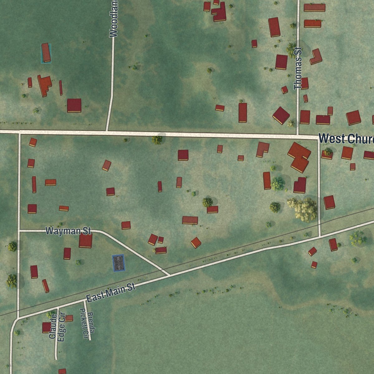 Second close-up of the map of Plains, Georgia print showing more streets and buildings