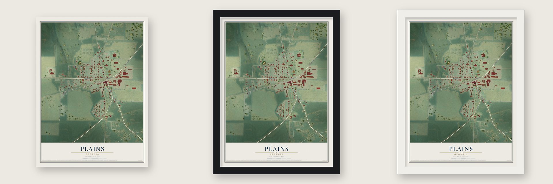 Plains, Georgia map unframed, in a black wood frame and in a white wood frame