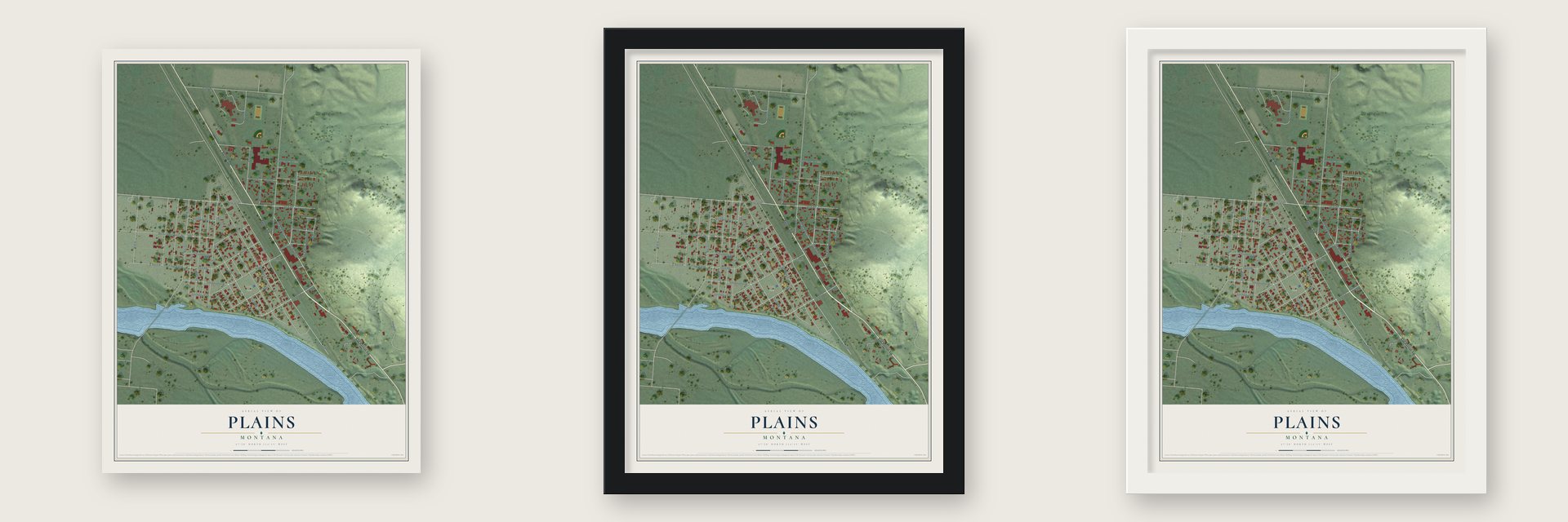 Plains, Montana map unframed, in a black wood frame and in a white wood frame
