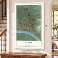 Plains, Montana map, 24 x 36 inch print in a white frame by a staircase