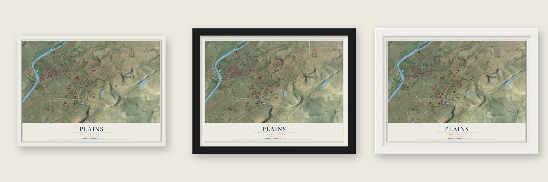 Plains, Pennsylvania map unframed, in a black wood frame and in a white wood frame