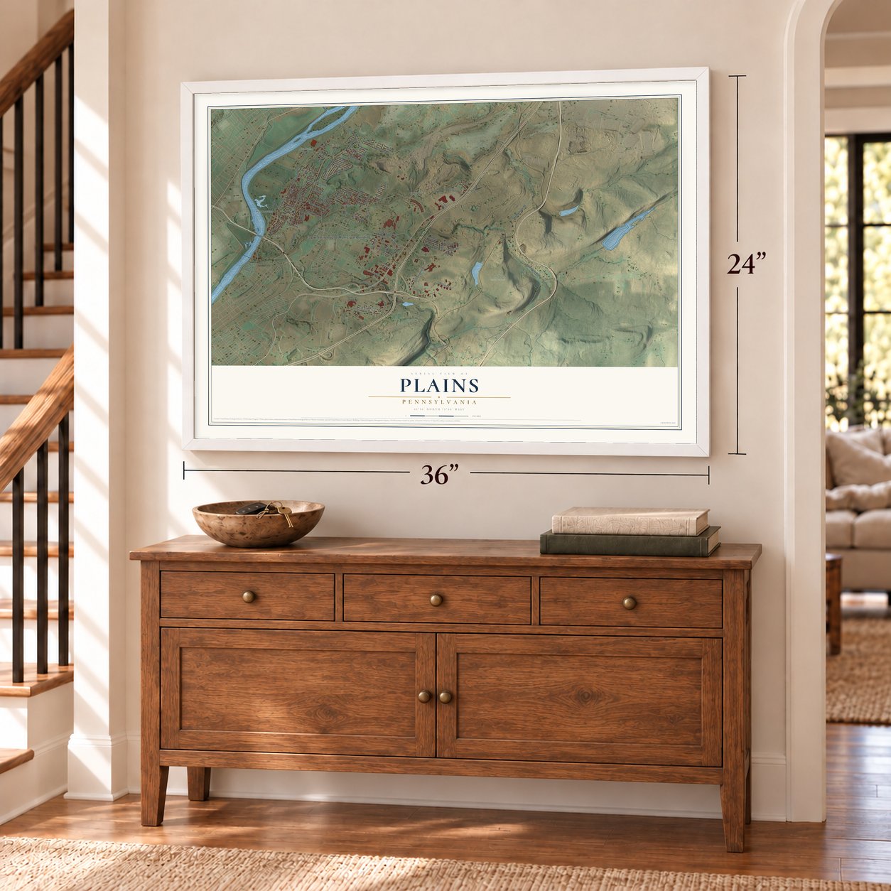 Plains, Pennsylvania map, 24 x 36 inch print in a white frame above a dresser by a staircase